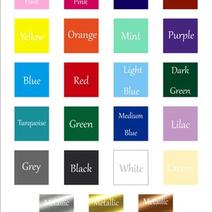 May include: A vinyl color chart featuring a variety of colors, including pink, yellow, blue, red, green, and metallic options. The chart includes the text "Vinyl Color Chart" at the top and the Cristy's Studio logo at the bottom.