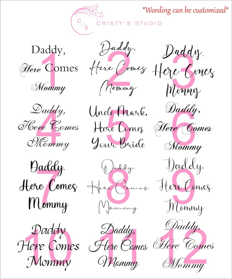 May include: Twelve printable signs with pink numbers and the text "Daddy, Here Comes Mommy" in black. The text "Wording can be customized" appears at the top of the image. The signs are for a wedding or other special event.
