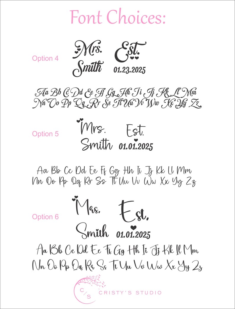 Op de afbeelding: Een witte achtergrond toont lettertypekeuzes voor gepersonaliseerde tekst. De tekst bevat opties voor "Mrs. Est. Smith" met data en voorbeelden van het alfabet in verschillende lettertypen. De tekst "Font Choices" is roze.