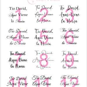 May include: Twelve pink and white printable signs with the text "Tio David, Aqui Viene la Novia" and numbers 1 through 12. The text is in Spanish.