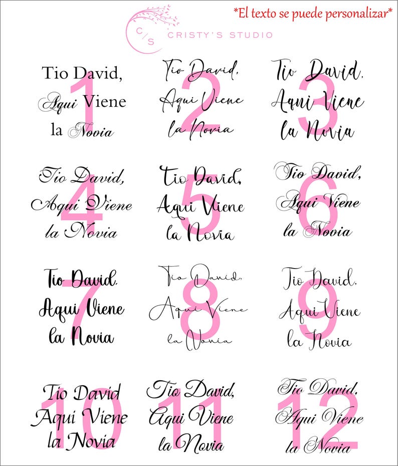 May include: Twelve pink and white printable signs with the text "Tio David, Aqui Viene la Novia" and numbers 1 through 12. The text is in Spanish.