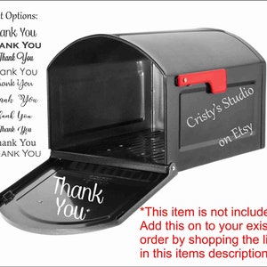 May include: A black mailbox with a red flag and the words "Thank You" in white script on the door. The text "Cristy's Studio on Etsy" is also visible. Font options for "Thank You" are listed on the left.