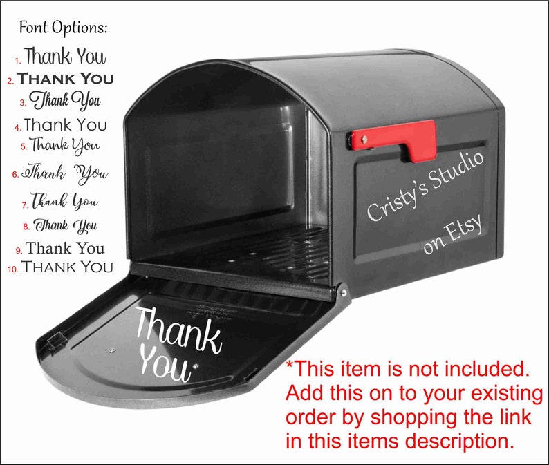 May include: A black mailbox with a red flag and the words "Thank You" in white script on the door. The text "Cristy's Studio on Etsy" is also visible. Font options for "Thank You" are listed on the left.