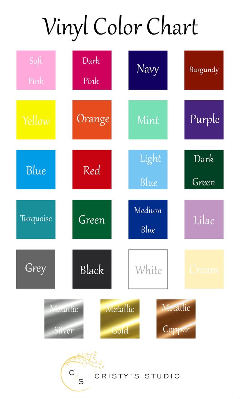 Op de afbeelding: Een vinyl kleurenkaart met een verscheidenheid aan kleuren, waaronder roze, geel, blauw, rood, groen en metallic opties. De kaart bevat bovenaan de tekst "Vinyl Color Chart" en onderaan het logo van Cristy's Studio.