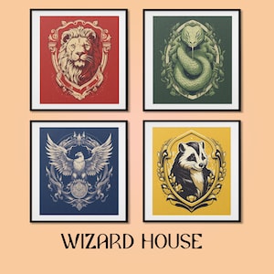 Collezione di stemmi della tazza della Wizard School House, stampa digitale, illustrazione stampabile, decorazione del mondo magico, poster da parete con download immediato
