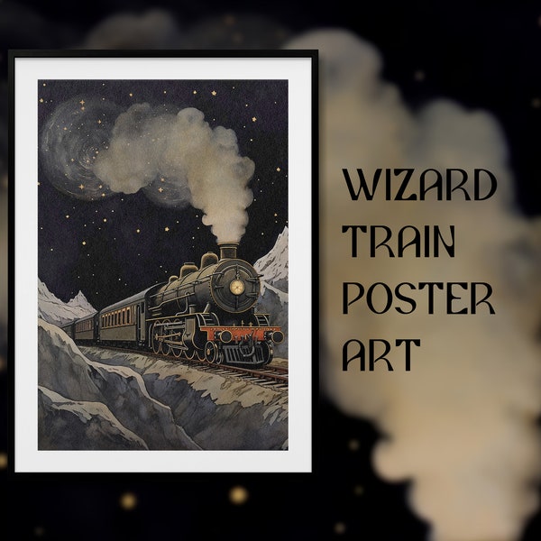 Wizard School Train, Storybook Design, Digital Print, Hand Drawn for Printing, Wizarding World Decor, Instant Download Wall Art Poster