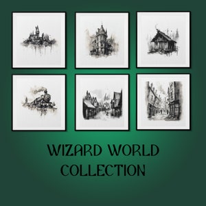 Wizard World-collectie digitale print downloaden, schetskunst met meerdere inkten om af te drukken, Wizarding World-decor, instant afdrukbare muurkunstposter