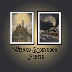 Wizard School Castle and Train Set, Storybook Wall Art, Digital Print, Fan Gift, Wizarding World Decor, Instant Download Wall Art Poster
