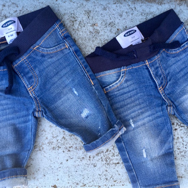 baby jeans distressed denim for newborn - baby girl jeans - baby boy jeans - unisex classic style jeans but ripped - edgy baby’s fashion