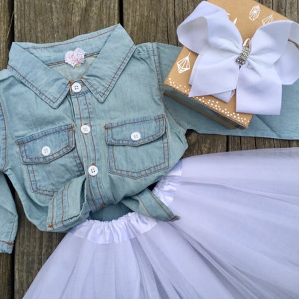 baby / toddler girl denim & tulle tutu outfit - country flower girl dress / birthday - chambray blue white pink mommy and me outfit {SHELBY}