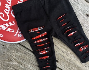 Christmas leggings baby toddler, boy / girl buffalo plaid distressed leggings, slashed black pants red & black check patches, holiday outfit