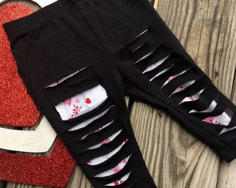 Valentine’s Day leggings baby toddler, boy / girl heart or buffalo plaid distressed leggings, slashed black pants custom patch -ANY HOLIDAY