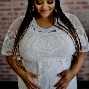 Boho Wedding Dress, Renaissance Dress, White Floral Lace Dress Bell Sleeves, Flowy Plus Size Wedding Maternity Photoshoot Dress {the SAGE}