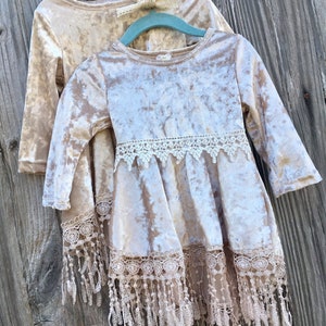 BECCA ~ Crushed Velvet Flower Girl Dress, Antiqued Gold Fringe Dress, Warm Ivory Bohemian Gown, Vintage Lace Tassel Wedding Party Dress