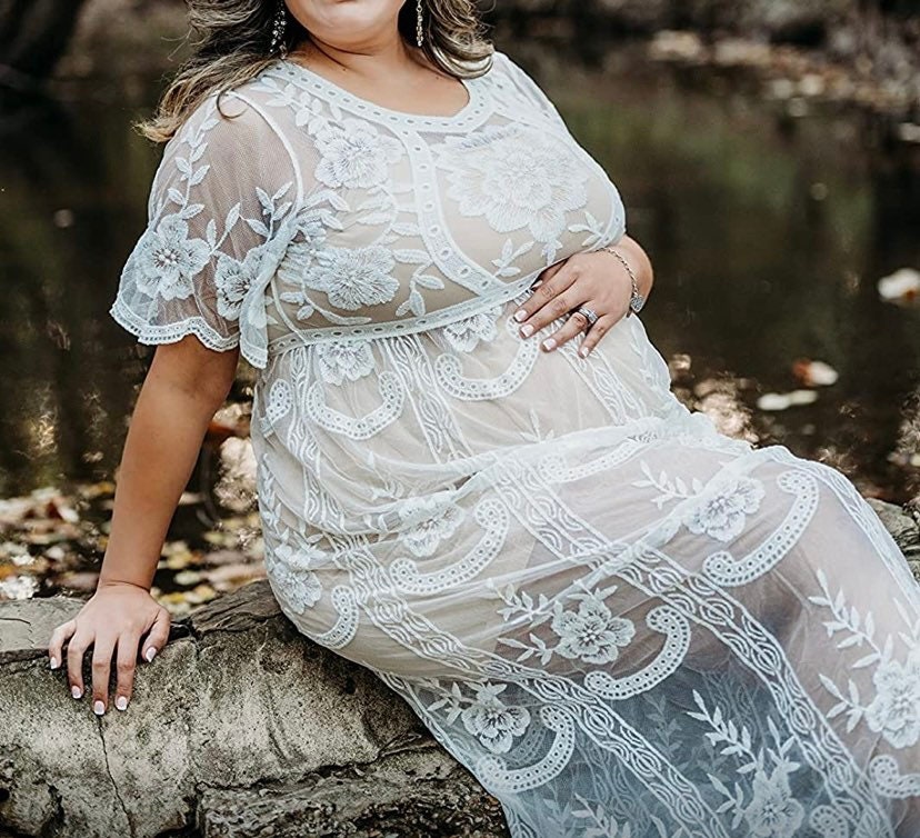 Boho Wedding Dress, Renaissance Dress, White Floral Lace Dress Bell Sleeves, Flowy Plus Size Wedding Maternity Photoshoot Dress {THE SAGE}