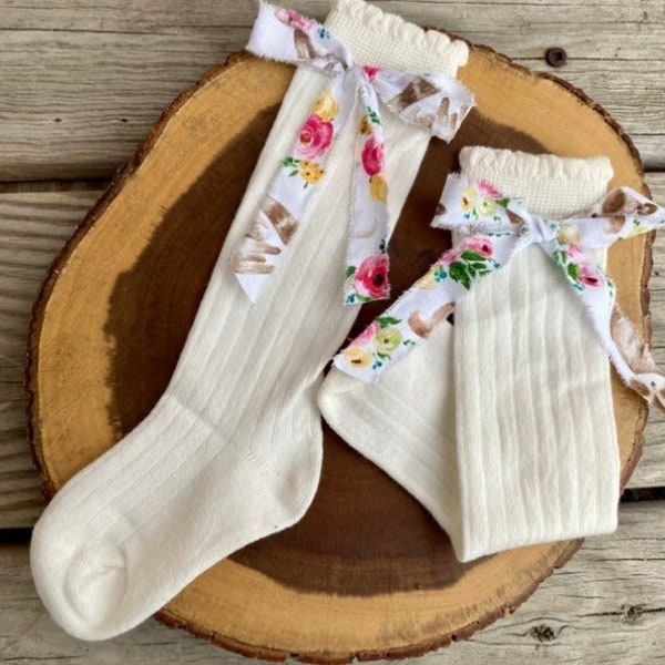 Floral Socks, Bowknot Knee Socks, Baby Toddler Girl Pretty Boot Socks, Knee High Socks, Boho Stockings, Dressy School Leggings, MANY FABRICS