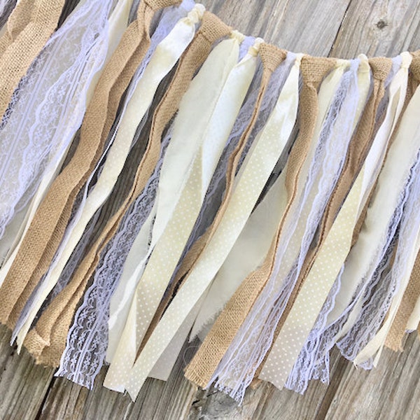 Burlap Lace Tassel Garland, Rag Tie Banner, Boho Baby Shower Rustic Cottagecore Wedding Backdrop Party Decor Photo Props, Neutral Nursery