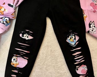 bluey inspire birthday leggings baby toddler girl, bingo blue dog outfit, distressed peekaboo pants bluey style bingo muffin coco mackenzie