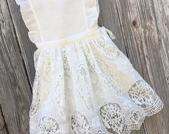 BIRDIE ~ Simple Boho Flower Girl Dress, Beach Flower Girl Gown, Junior Bridesmaid White Wedding Dress, Rustic White Lace Spring Party Dress