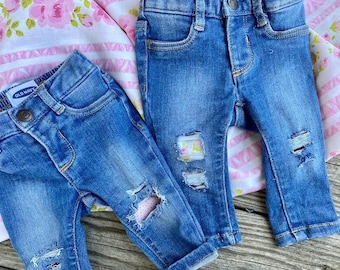 distressed denim - jeans with pink fabric patches polka dot / boho roses for baby toddler girls - custom shredded frayed patched trendy girl