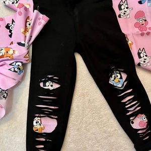 blue dog birthday outfit - distressed leggings with bluey cartoon inspired fabric patches - bingo birthday - blue heeler dogs kids boy girl