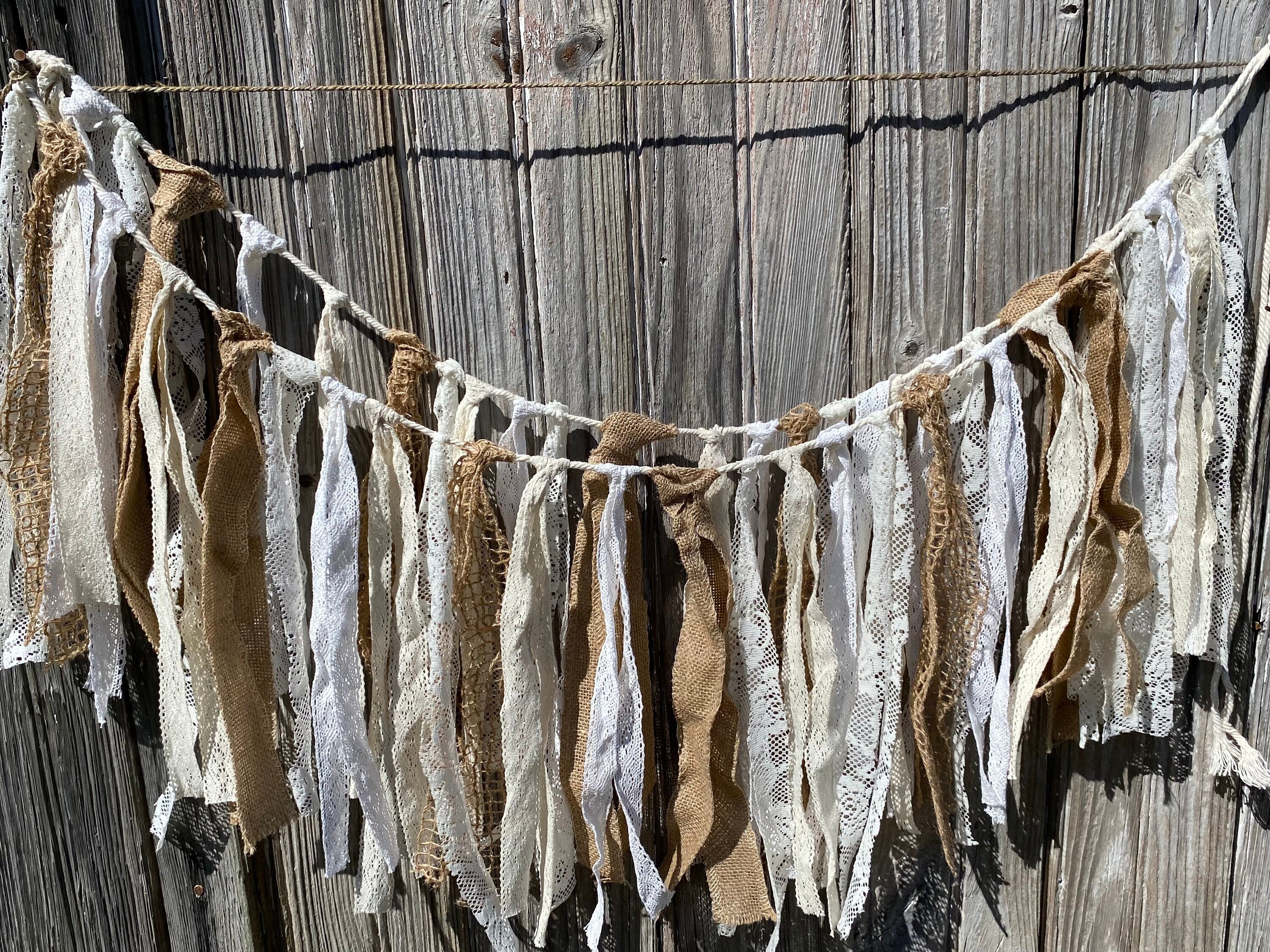 Rustic Wedding Decor Boho Rag Tie Banner Off White Lace Burlap Garland Barn Photos Backdrop Neutral Fabric Wall Hanging 35FT
