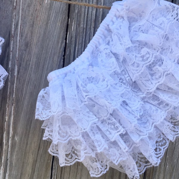 White Lace Bloomer Ivory Chiffon Ruffle Bottom Diaper Cover Preemie Newborn - 4T Frilly Bloomers Birthday Baptism Christening Flower Girl