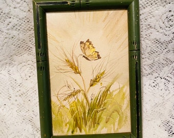 Vintage Yellow Botanical Butterfly Watercolor - Natural Still Life Original Framed & Signed Print Artwork - 1950s Bohemian Floral Nature Art