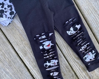 Mickey Mouse leggings, boy’s birthday outfit, girl’s Minnie Mouse distressed leggings, slashed black pants w/ Mickey or Minnie Mouse patches