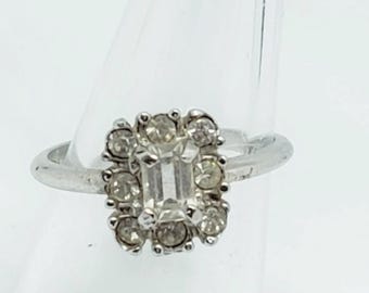 VINTAGE Emerald-cut Halo Engagement Ring White Gold Antique Art Deco Wedding Promise Ring by designer UNCAS Heirloom Bridal Jewelry SIZE 7