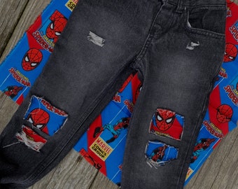 Spiderman birthday distressed jeans, baby boy ripped jeans Spiderman patches, superhero kids outfit || CUSTOM Birthday Jeans ANY CHARACTER