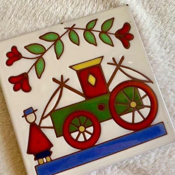 Vintage Art Tile Besheer Hand-Painted Decorative Trivet - Early American Quilt Design Painting on Tile - Boy Wagon & Flowers RARE 1980s Art