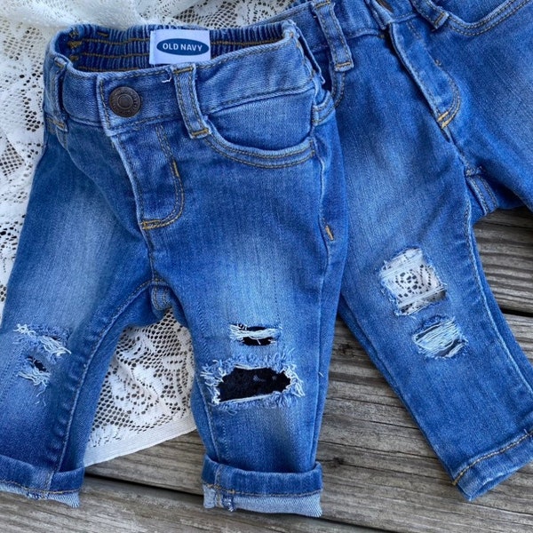 toddler girl jeans distressed with lace - baby girl jeans - trendy boho clothes - vintage designer inspire custom ripped jeans white / black