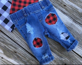 Distressed Jeans, Valentine’s Day Outfit, Buffalo Plaid Patch Denim, Baby Toddler Boy / Girl Lumberjack Birthday Outfit, Pit Crew Party