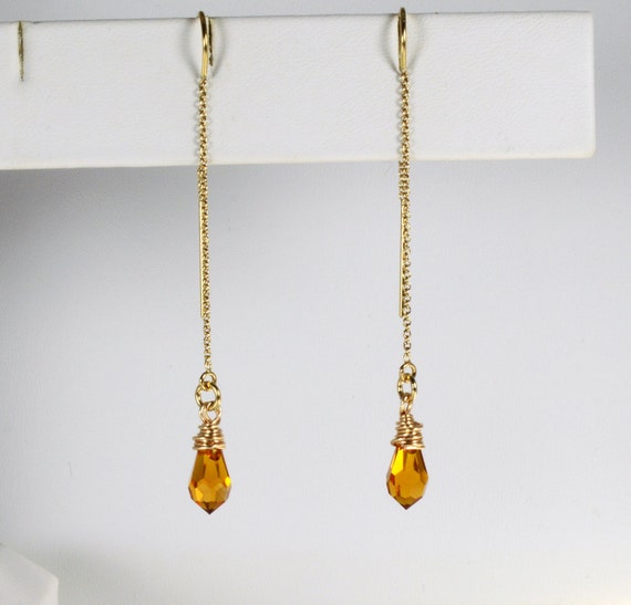 Items similar to 14K Gold Filled Ear thread Earrings with Swarovski ...