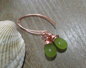 Copper Earrings-Copper Olive Green Earrings,Green Earrings,Semi Gemstone Earrings,Smooth Copper Earrings,Dangle Earrings,Green Earrings