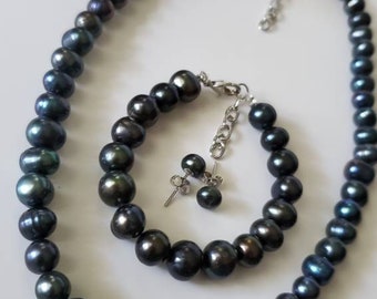 Set of  Pearl - Pearl Necklace, Pearl Earrings, Pearl Bracelet, Freshwater Pearl, Earrings, Black Pearl Necklace, Stud Pearl, Potato Pearl