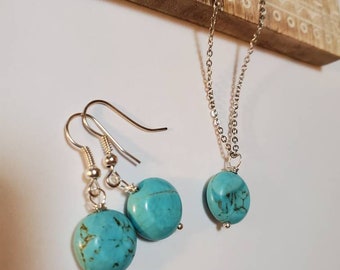 Juego de piedras preciosas de turquesa- Collar de piedras preciosas, Collar de turquesa, Acero inoxidable, Pendientes de turquesa, Pendientes colgantes, Juego de turquesa, Piedra preciosa