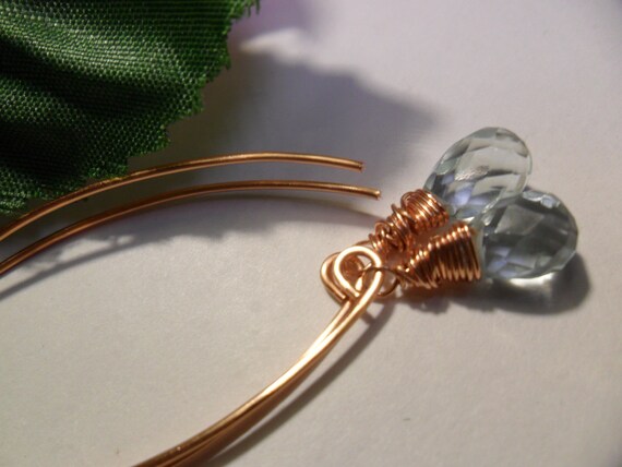 Ready to ship- Pretty Faceted Teardrop Aquamarine Quartz Glass Dangle Copper Earrings