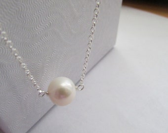 Single Floating White pearl Necklace,White Pearl Necklace,Fresh Water Pearl Necklace,Single Pearl Necklace