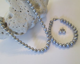 Set of Gray Pearl, Gray Pearl Necklace, Set of Pearl, Gray Pearl Bracelet, Gray Pearl Earrings, 925 Stud Pearl Earrings, Freshwater Pearl