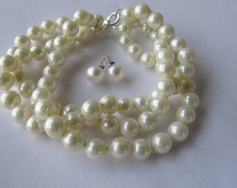 Set of Pearl- Pearl Bracelet,White Pearl Earrings,Stud 925 Pearl Earrings,Potato Pearl Bracelet,Mother of Pearl, Bridal Jewelry
