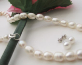 Set of White Rice Fresh Water Pearl Silver Necklace, Petite White Potato Pearl Sterling Silver Stud Earrings