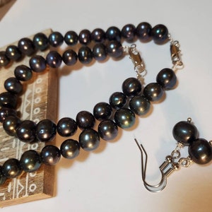 Black Pearl set, Pearl Earrings, Freshwater Pearl, Pearl Necklace, Wedding Pearl, Black Pearl Bracelet, Black Pearl, Wedding Gift, Bridal