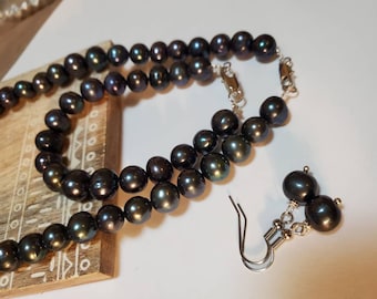 Black Pearl set, Pearl Earrings, Freshwater Pearl, Pearl Necklace, Wedding Pearl, Black Pearl Bracelet, Black Pearl, Wedding Gift, Bridal