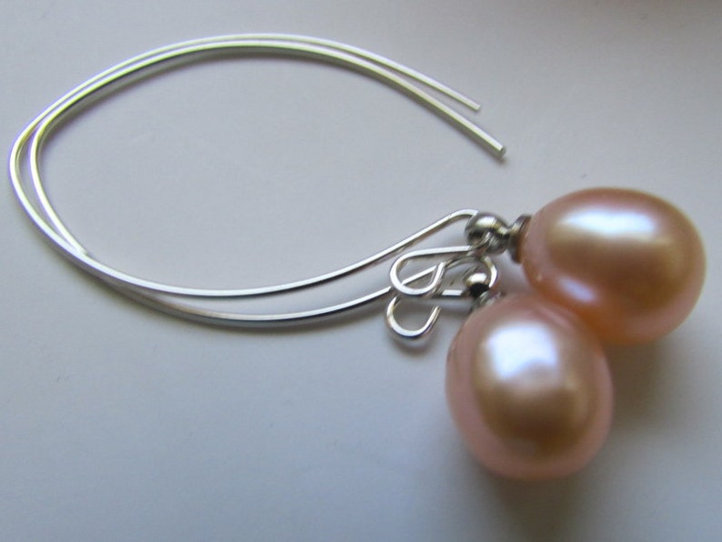 Loevely Smooth Peach Rice Fresh Water Pearl Dangle Sterling Silver Earrings Free shipping image 3