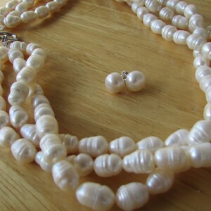 Set of Pearl- 3 Rows of White Rice Fresh Water Pearl,925 White Pearl Stud Earrings,Pearl Necklace,Rice Pearl Necklace, White Pearl Necklace