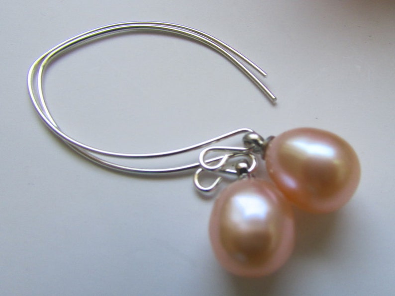 Loevely Smooth Peach Rice Fresh Water Pearl Dangle Sterling Silver Earrings Free shipping image 5