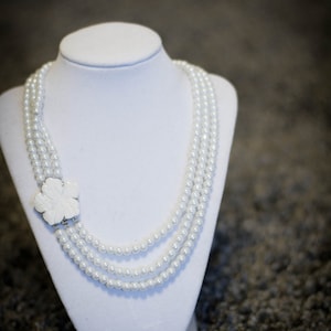 White Glass Pearl Necklace,Pearl Necklace,3 rows of Glass Pearl Necklace,Birthday Gift,Gift,Bridal Gift