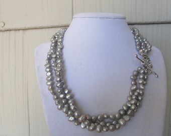 Grey Pearl Necklace, Fresh Water  Pearl Necklace, Toggle Clasp Necklace, Twisted Pearl Necklace, Grey Necklace, Pearl Necklace, Wedding Gift